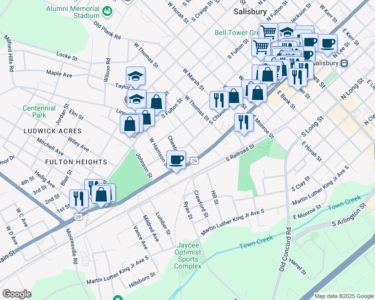 map of restaurants, bars, coffee shops, grocery stores, and more near 832 South Main Street in Salisbury