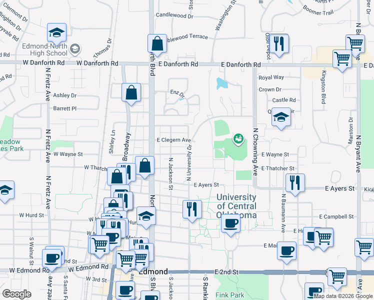 map of restaurants, bars, coffee shops, grocery stores, and more near 100 University Drive in Edmond