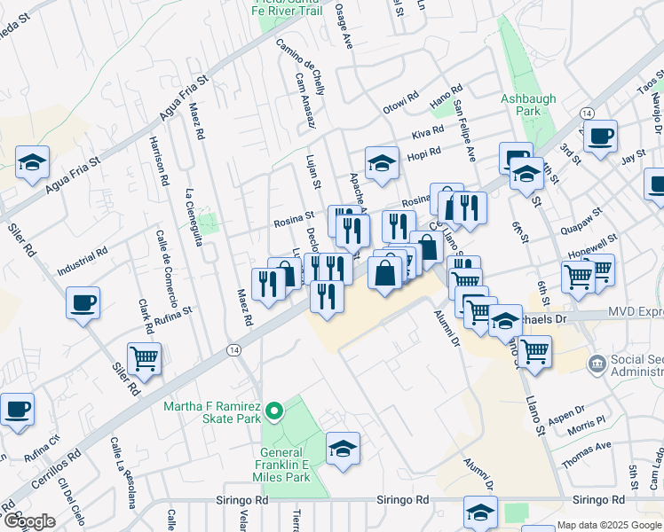 map of restaurants, bars, coffee shops, grocery stores, and more near 2301 Cerrillos Road in Santa Fe