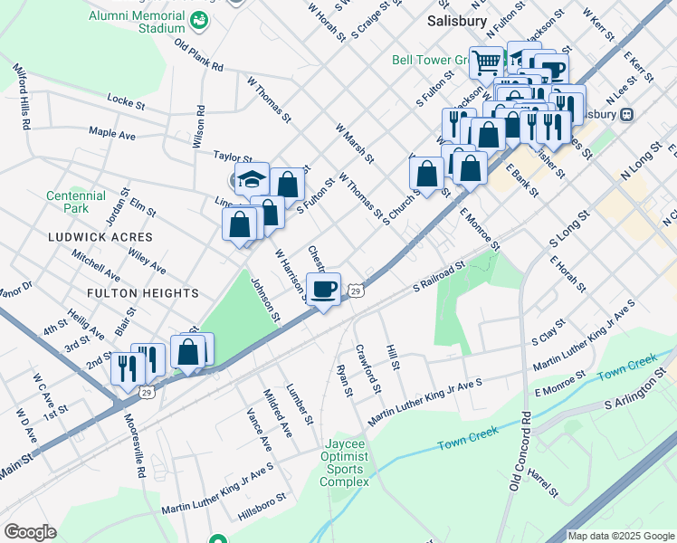 map of restaurants, bars, coffee shops, grocery stores, and more near 819 South Church Street in Salisbury