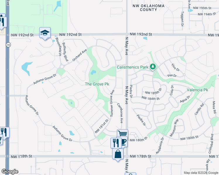 map of restaurants, bars, coffee shops, grocery stores, and more near 2924 Winamack Road in Edmond