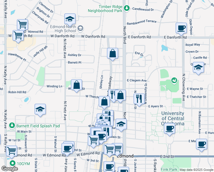 map of restaurants, bars, coffee shops, grocery stores, and more near 601 North Broadway in Edmond