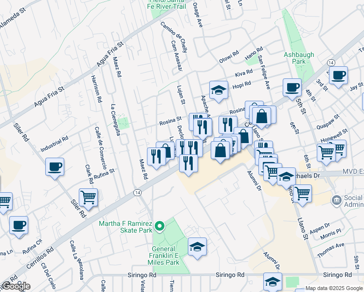 map of restaurants, bars, coffee shops, grocery stores, and more near 1328 Declovina Street in Santa Fe