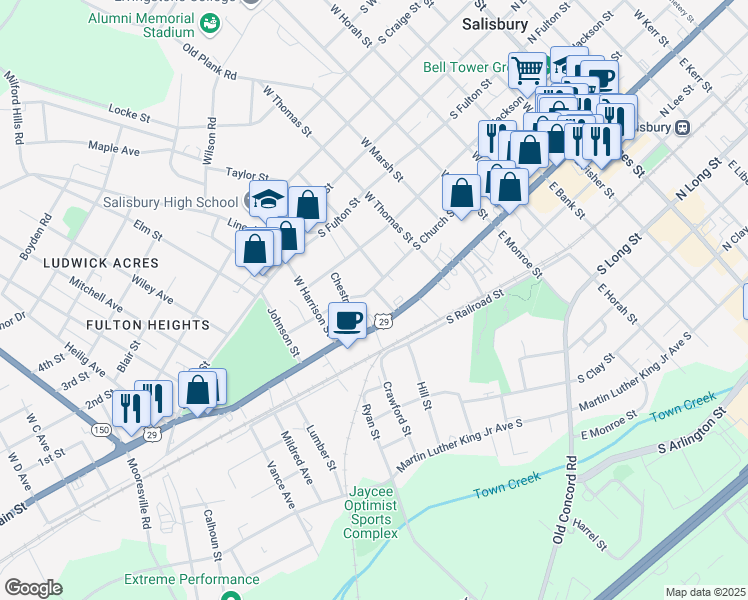 map of restaurants, bars, coffee shops, grocery stores, and more near 815 South Church Street in Salisbury
