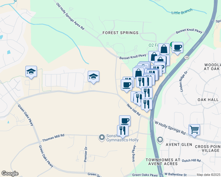 map of restaurants, bars, coffee shops, grocery stores, and more near 4528 Old Holly Springs Apex Road in Apex