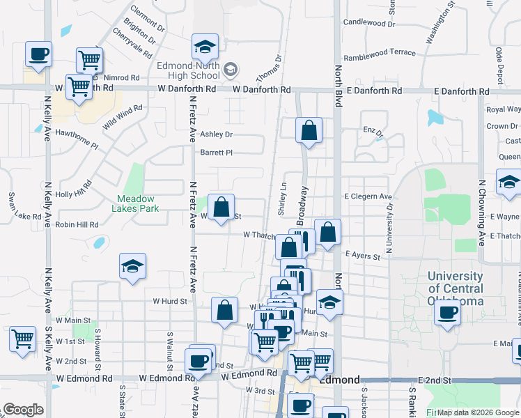 map of restaurants, bars, coffee shops, grocery stores, and more near 115 West Wayne Street in Edmond
