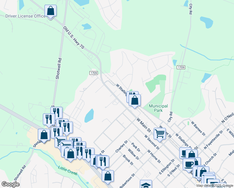 map of restaurants, bars, coffee shops, grocery stores, and more near 1004 West Main Street in Clayton
