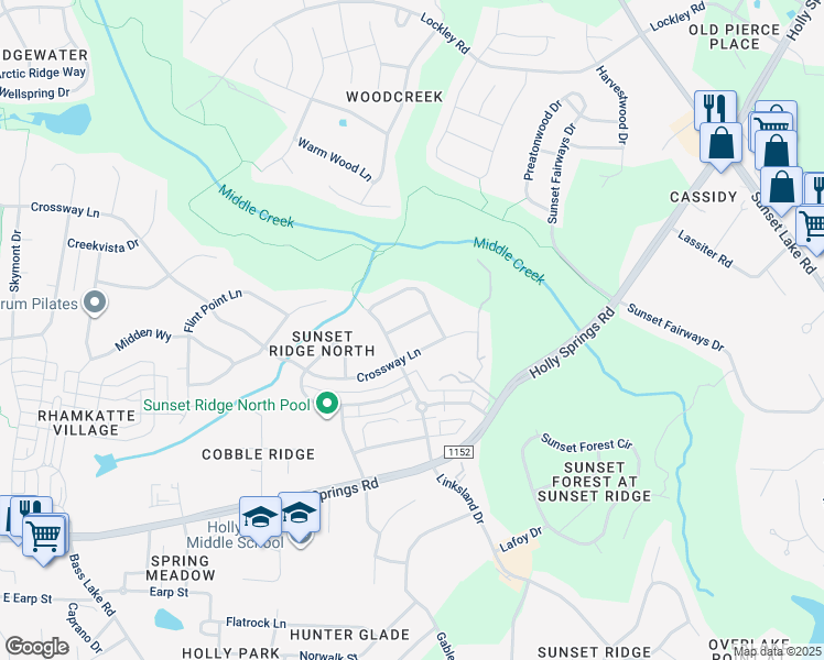 map of restaurants, bars, coffee shops, grocery stores, and more near 108 Ontario Place in Holly Springs