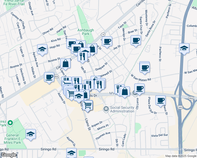 map of restaurants, bars, coffee shops, grocery stores, and more near 1714 5th Street in Santa Fe
