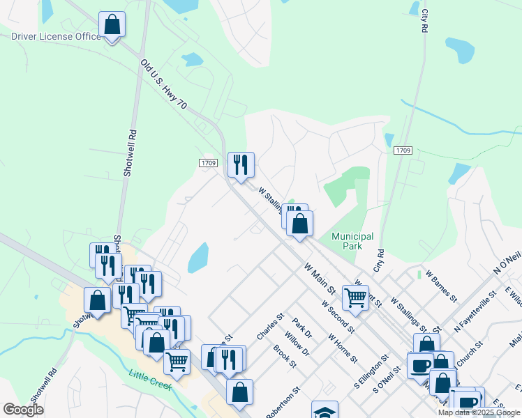map of restaurants, bars, coffee shops, grocery stores, and more near 1004 West Main Street in Clayton