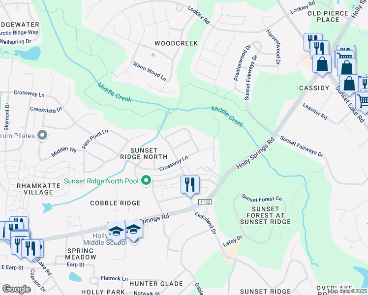 map of restaurants, bars, coffee shops, grocery stores, and more near 108 Ontario Place in Holly Springs