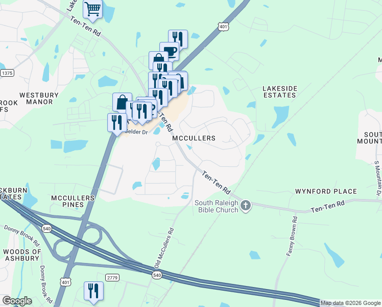 map of restaurants, bars, coffee shops, grocery stores, and more near 117 Misty Pike Drive in Raleigh