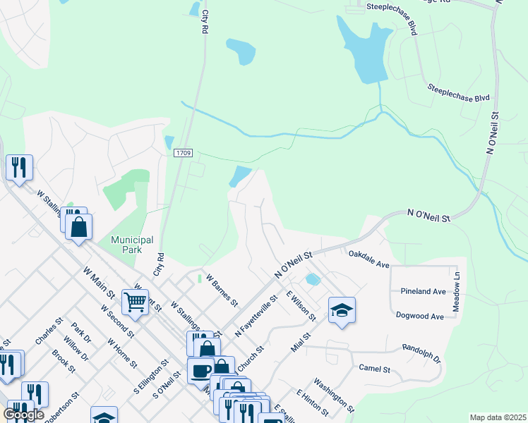 map of restaurants, bars, coffee shops, grocery stores, and more near 212 Georgetowne Drive in Clayton