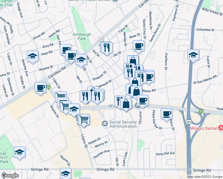 map of restaurants, bars, coffee shops, grocery stores, and more near 1753 Mann Street in Santa Fe