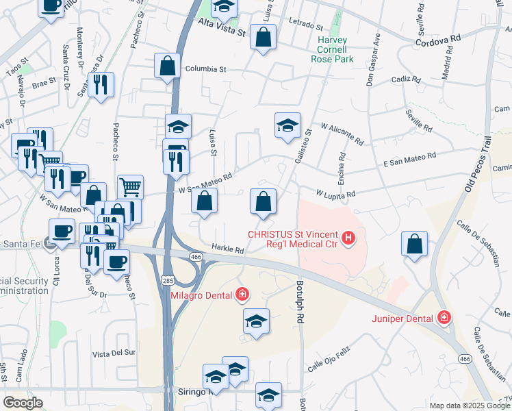 map of restaurants, bars, coffee shops, grocery stores, and more near 1650 Galisteo Street in Santa Fe