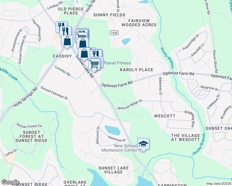 map of restaurants, bars, coffee shops, grocery stores, and more near 4825 Optimist Farm Road in Holly Springs