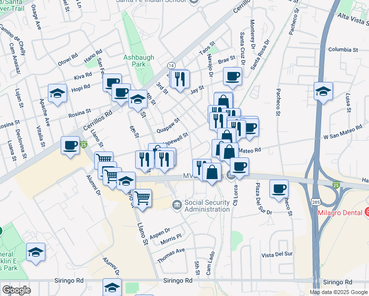 map of restaurants, bars, coffee shops, grocery stores, and more near 1757 Mann Street in Santa Fe