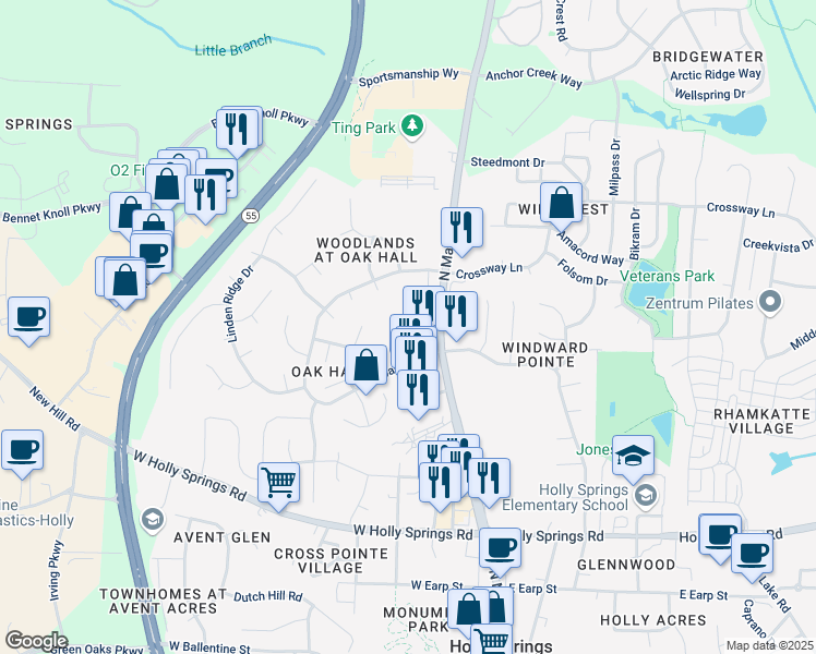 map of restaurants, bars, coffee shops, grocery stores, and more near 525 Oakhall Drive in Holly Springs