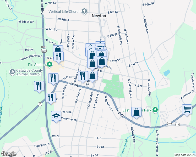 map of restaurants, bars, coffee shops, grocery stores, and more near 105 South College Avenue in Newton