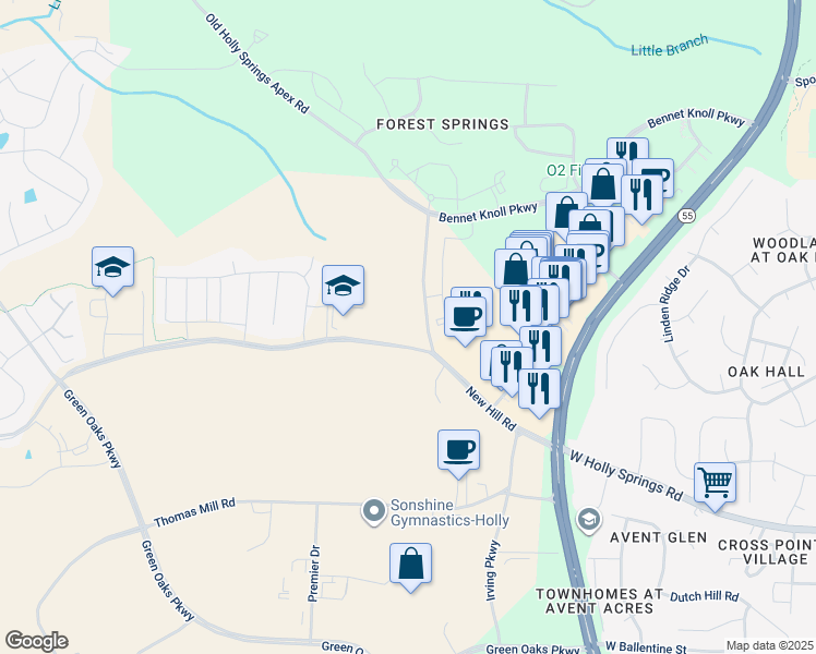 map of restaurants, bars, coffee shops, grocery stores, and more near 4528 Old Holly Springs Apex Road in Apex
