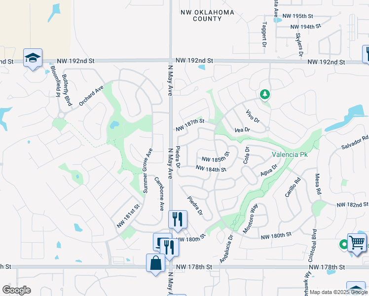 map of restaurants, bars, coffee shops, grocery stores, and more near 18521 Rastro Drive in Edmond