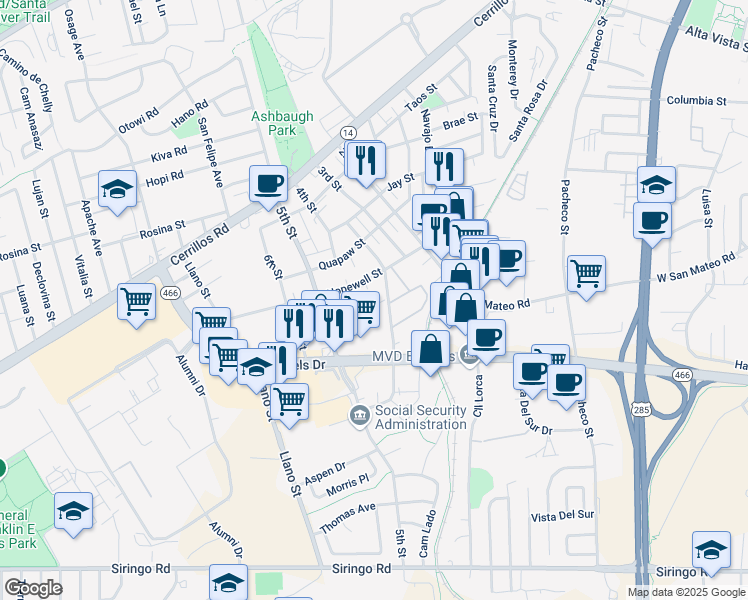 map of restaurants, bars, coffee shops, grocery stores, and more near 1757 Mann Street in Santa Fe