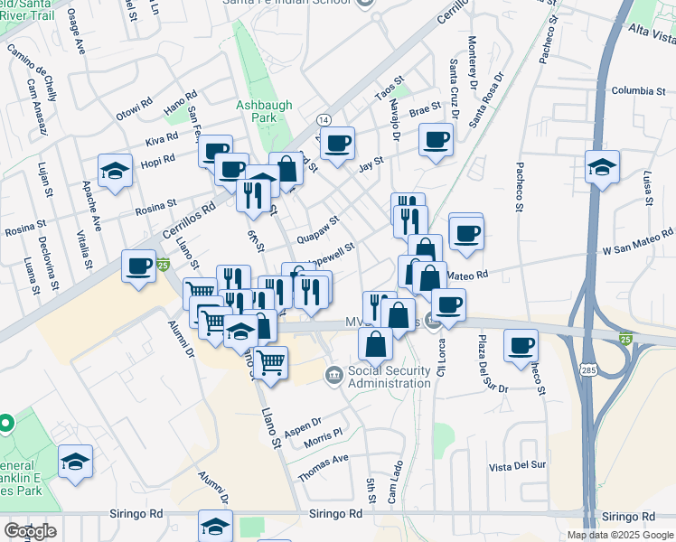 map of restaurants, bars, coffee shops, grocery stores, and more near 1776 Hopewell Street in Santa Fe