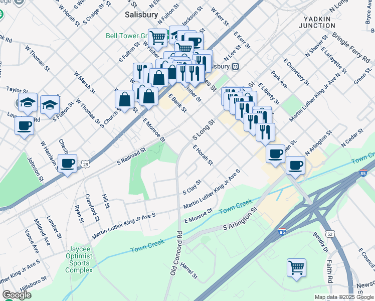 map of restaurants, bars, coffee shops, grocery stores, and more near 417 South Long Street in Salisbury