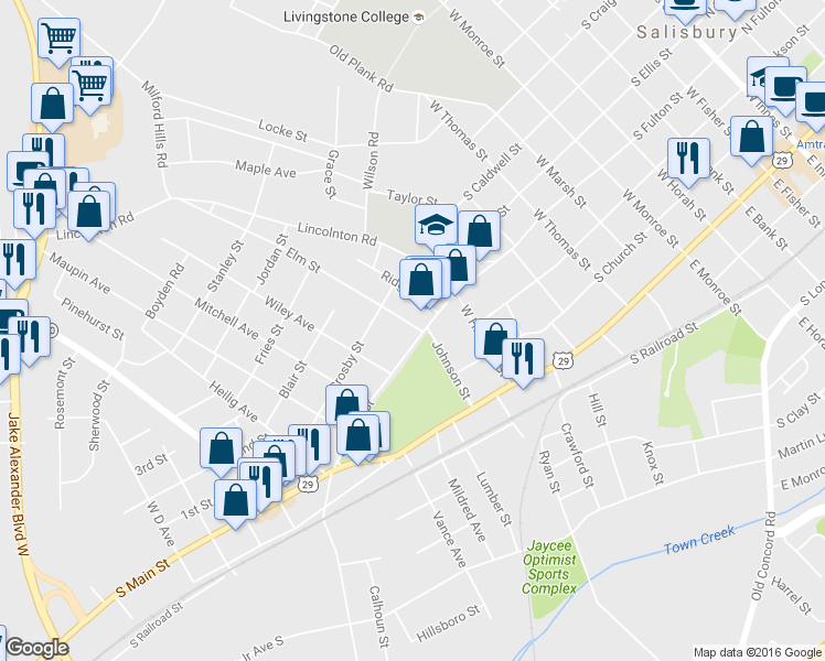 map of restaurants, bars, coffee shops, grocery stores, and more near 1120 South Fulton Street in Salisbury