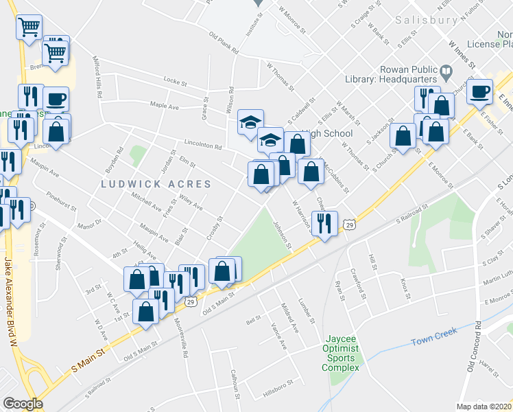 map of restaurants, bars, coffee shops, grocery stores, and more near 1102 South Fulton Street in Salisbury