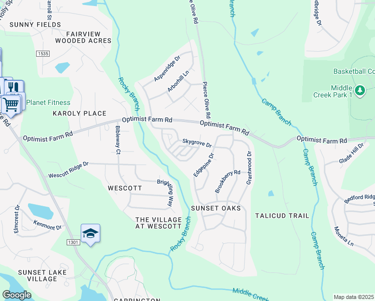 map of restaurants, bars, coffee shops, grocery stores, and more near 121 Amberglen Lane in Holly Springs