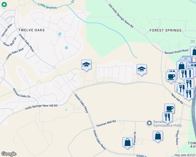 map of restaurants, bars, coffee shops, grocery stores, and more near 101 White Hill Drive in Holly Springs