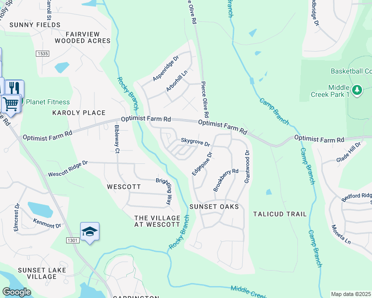 map of restaurants, bars, coffee shops, grocery stores, and more near 121 Amberglen Lane in Holly Springs