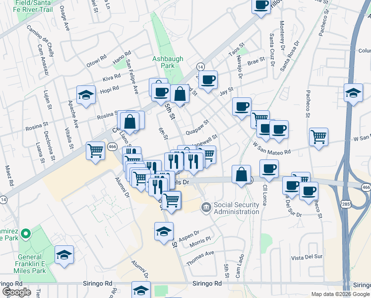 map of restaurants, bars, coffee shops, grocery stores, and more near 1701 5th Street in Santa Fe