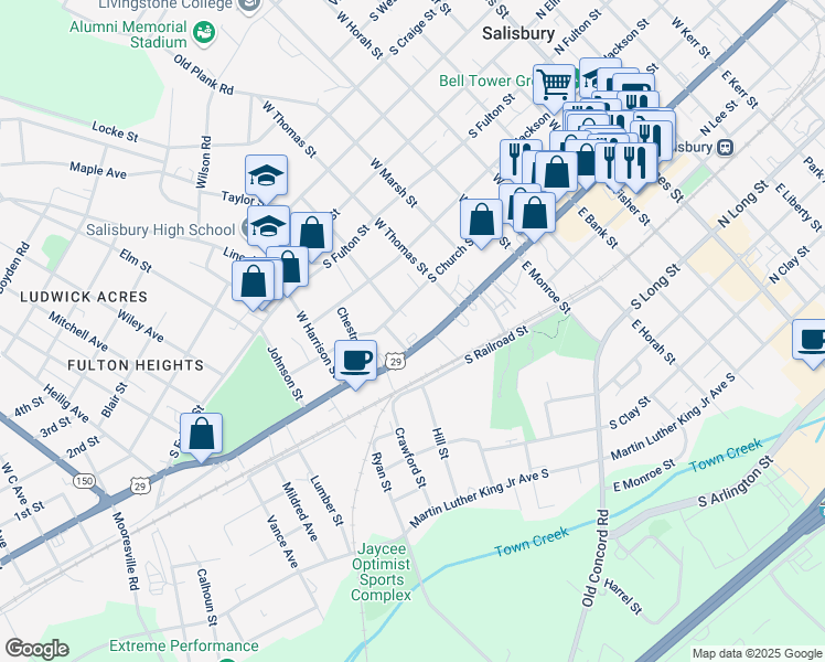 map of restaurants, bars, coffee shops, grocery stores, and more near 810 South Main Street in Salisbury
