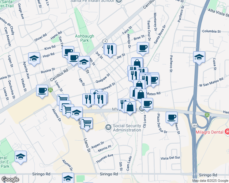 map of restaurants, bars, coffee shops, grocery stores, and more near 1753 Mann Street in Santa Fe
