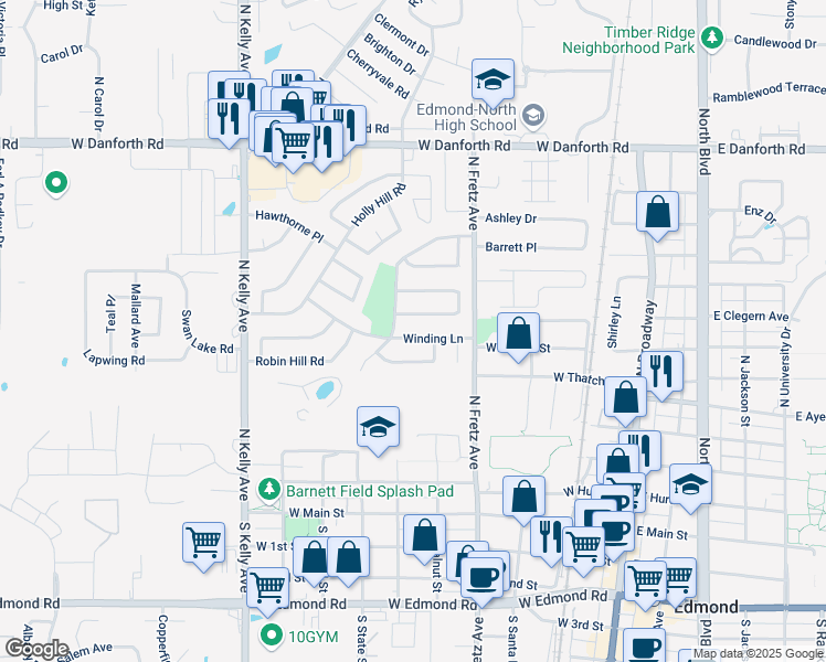 map of restaurants, bars, coffee shops, grocery stores, and more near 410 Winding Lane in Edmond