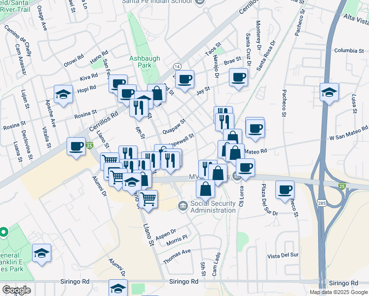 map of restaurants, bars, coffee shops, grocery stores, and more near 1774 Hopewell Street in Santa Fe