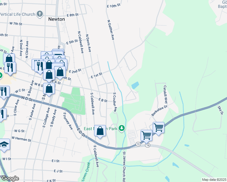 map of restaurants, bars, coffee shops, grocery stores, and more near 16 South Coulter Avenue in Newton