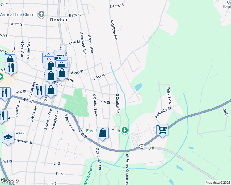 map of restaurants, bars, coffee shops, grocery stores, and more near 16 South Coulter Avenue in Newton