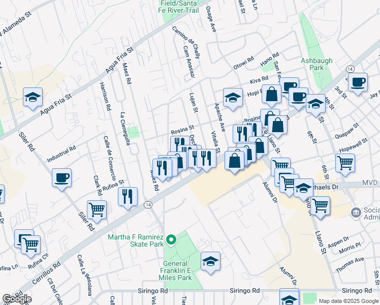 map of restaurants, bars, coffee shops, grocery stores, and more near 1328 Declovina Street in Santa Fe