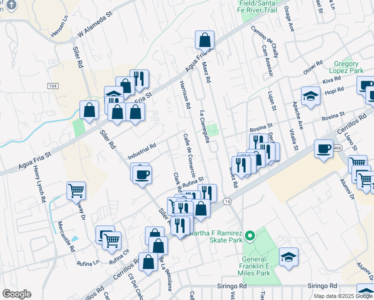 map of restaurants, bars, coffee shops, grocery stores, and more near 1244 Cll De Comercio in Santa Fe