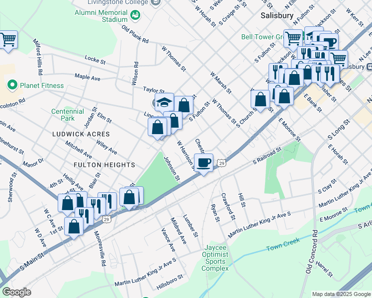map of restaurants, bars, coffee shops, grocery stores, and more near 207 West Harrison Street in Salisbury