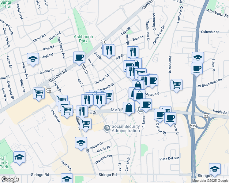 map of restaurants, bars, coffee shops, grocery stores, and more near 1751 Mann Street in Santa Fe