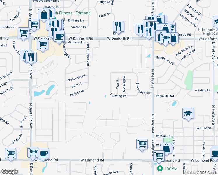 map of restaurants, bars, coffee shops, grocery stores, and more near 709 Lapwing Road in Edmond
