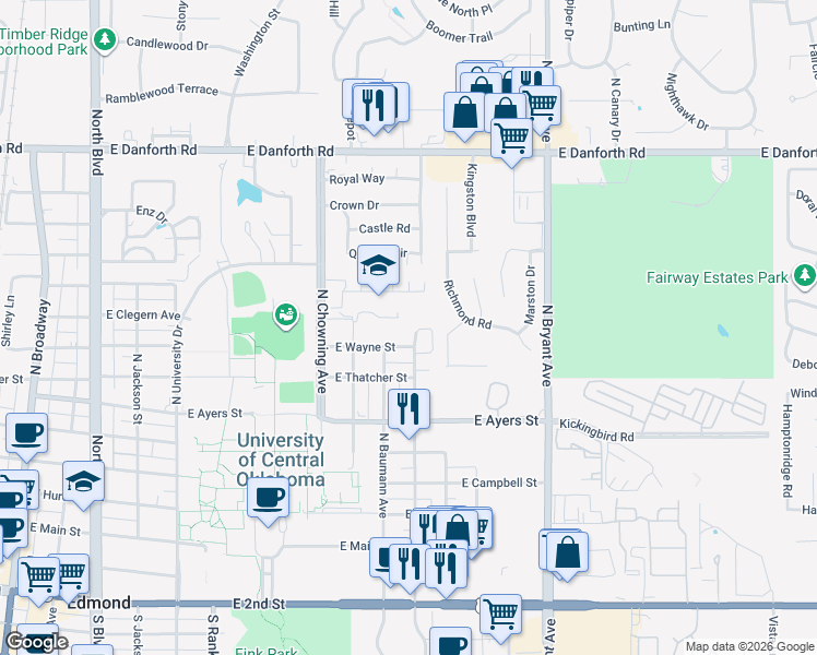 map of restaurants, bars, coffee shops, grocery stores, and more near 901 East Wayne Street in Edmond