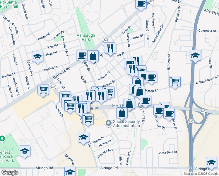 map of restaurants, bars, coffee shops, grocery stores, and more near 1772 Hopewell Street in Santa Fe