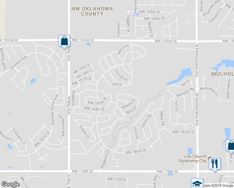 map of restaurants, bars, coffee shops, grocery stores, and more near 2557 Northwest 186th Street in Edmond