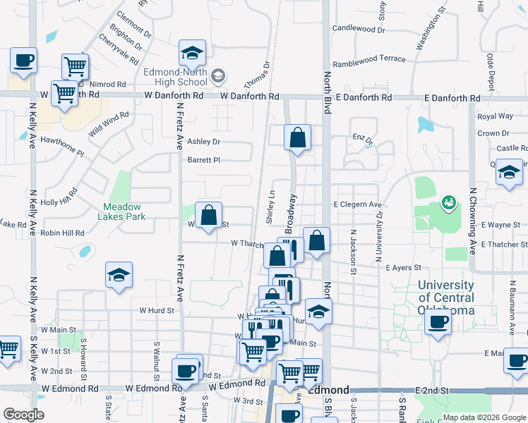 map of restaurants, bars, coffee shops, grocery stores, and more near 27 Shirley Lane in Edmond