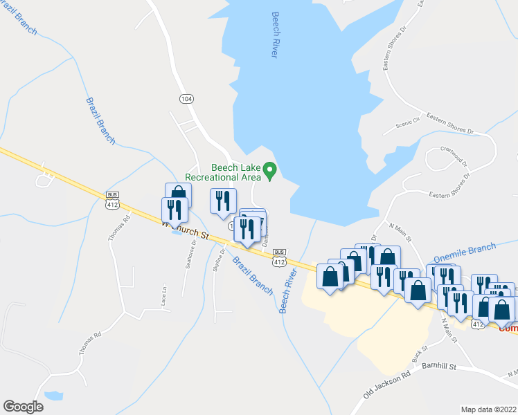 map of restaurants, bars, coffee shops, grocery stores, and more near Dam Road in Lexington